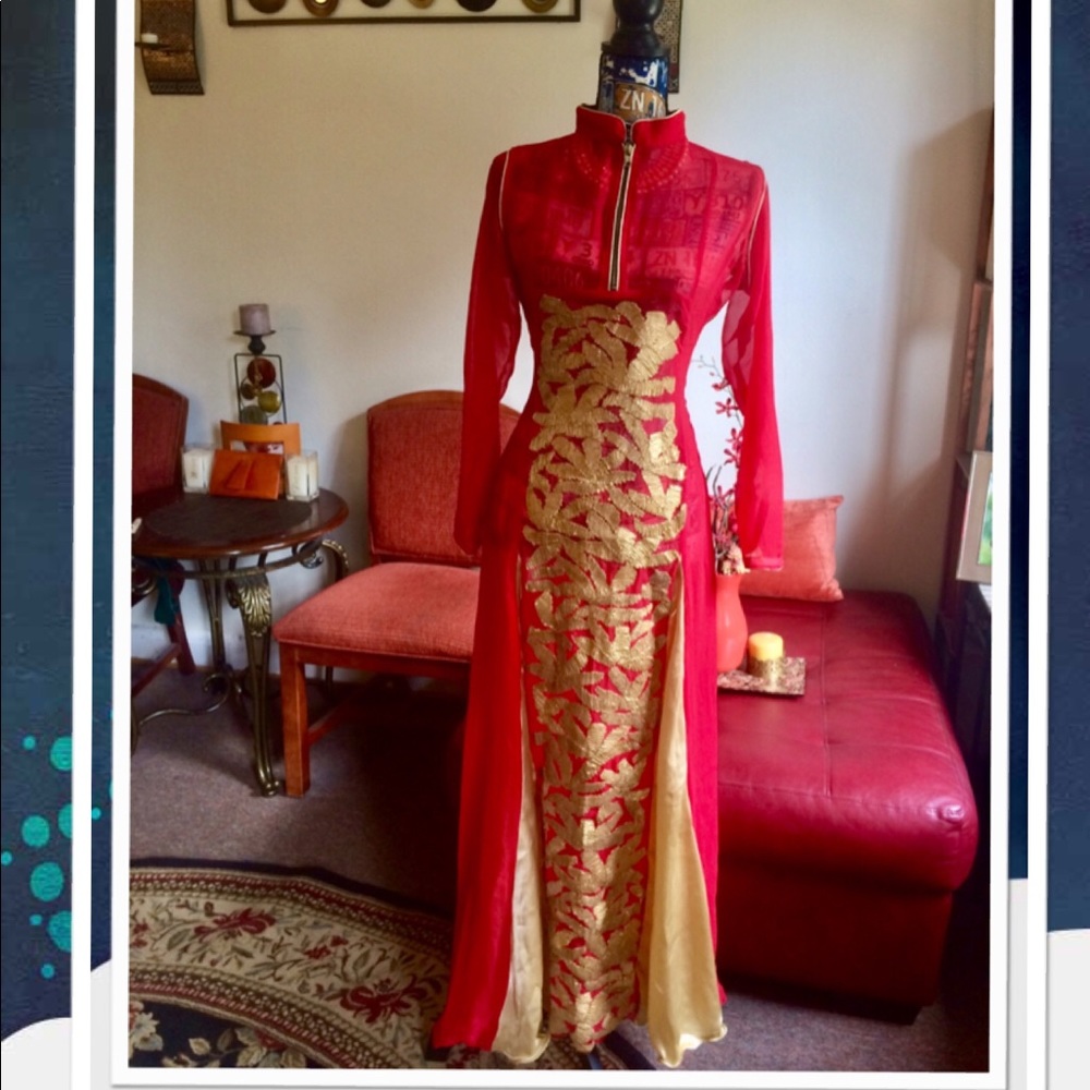 Red and Gold Embroidered Women's Dress - Picture 2 of 9